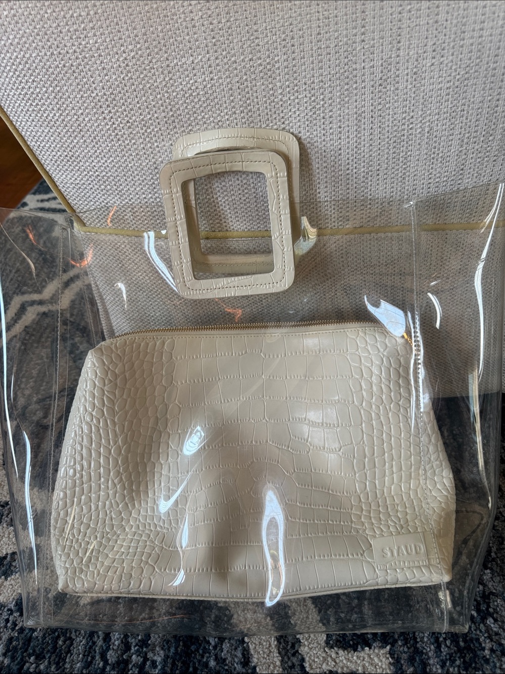 STAUD Cream Croc-Embossed Clear Tote with Pouch